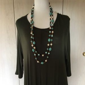 Love In Maxi Dress Olive Green Asymmetrical 3/4 Sleeves Size L NWOT & Necklace